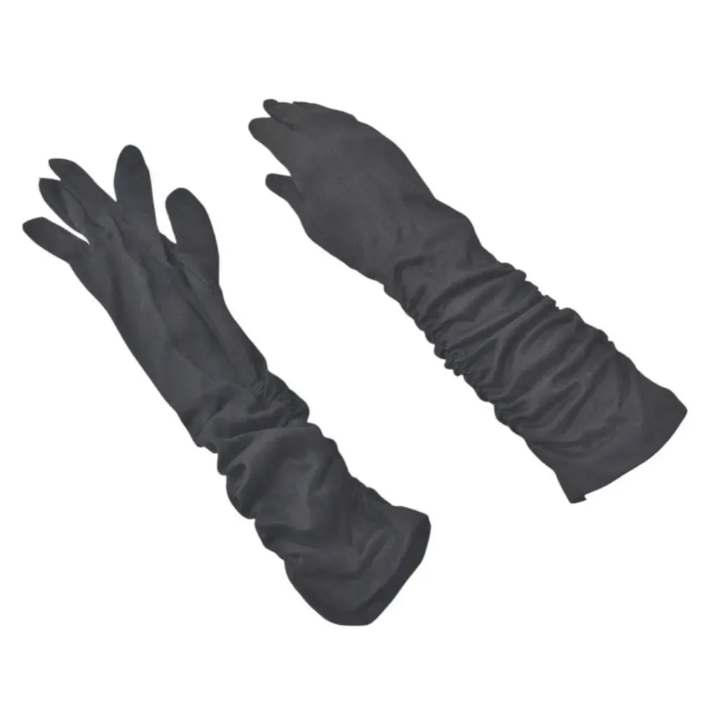 Vintage 60s Black Elbow Length Gloves Stretch Knit Elastic Rouching Detail Retro